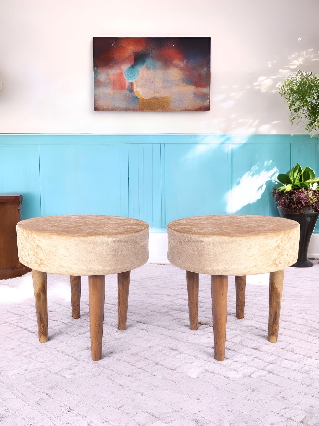 

Ikiriya Set of 2 Nayla Sheesham Wood Contemporary Round Stools, Beige