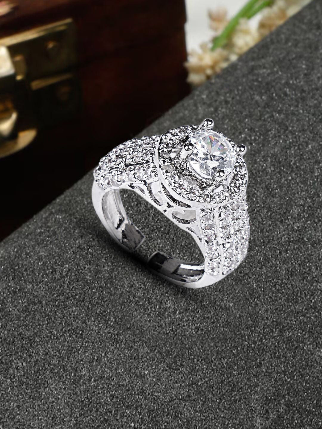 

Bamboo Tree Jewels Silver-Plated AD Stone Studded Adjustable Finger Ring