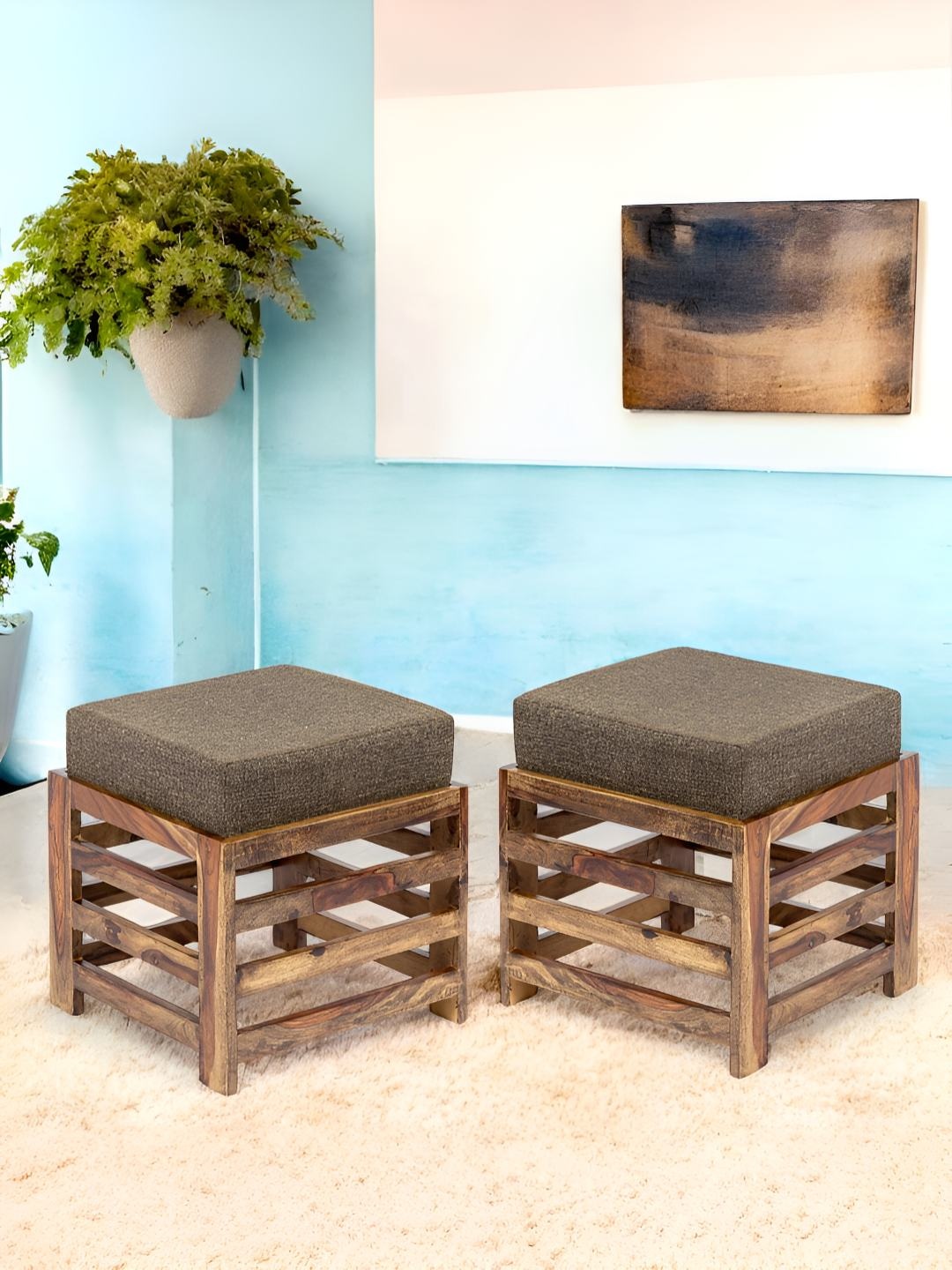 

Ikiriya 2-Pcs Brown Square Wooden Stool with Jute Cushion