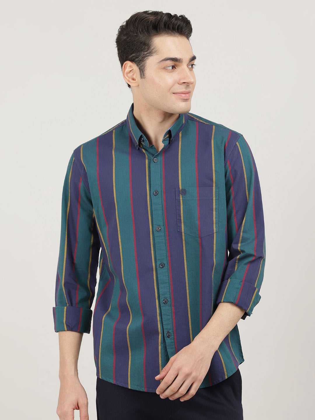

DRAGON HILL Men Classic Slim Fit Opaque Striped Casual Shirt, Green