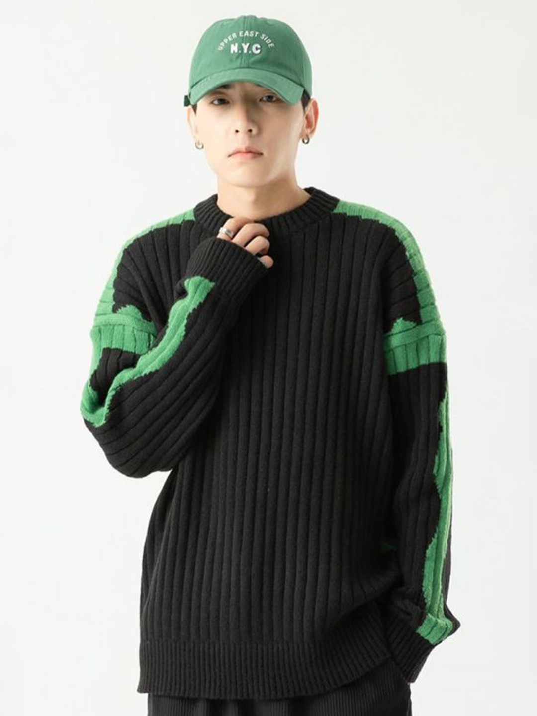 

HERE&NOW Men Open Knit Striped Pullover, Black