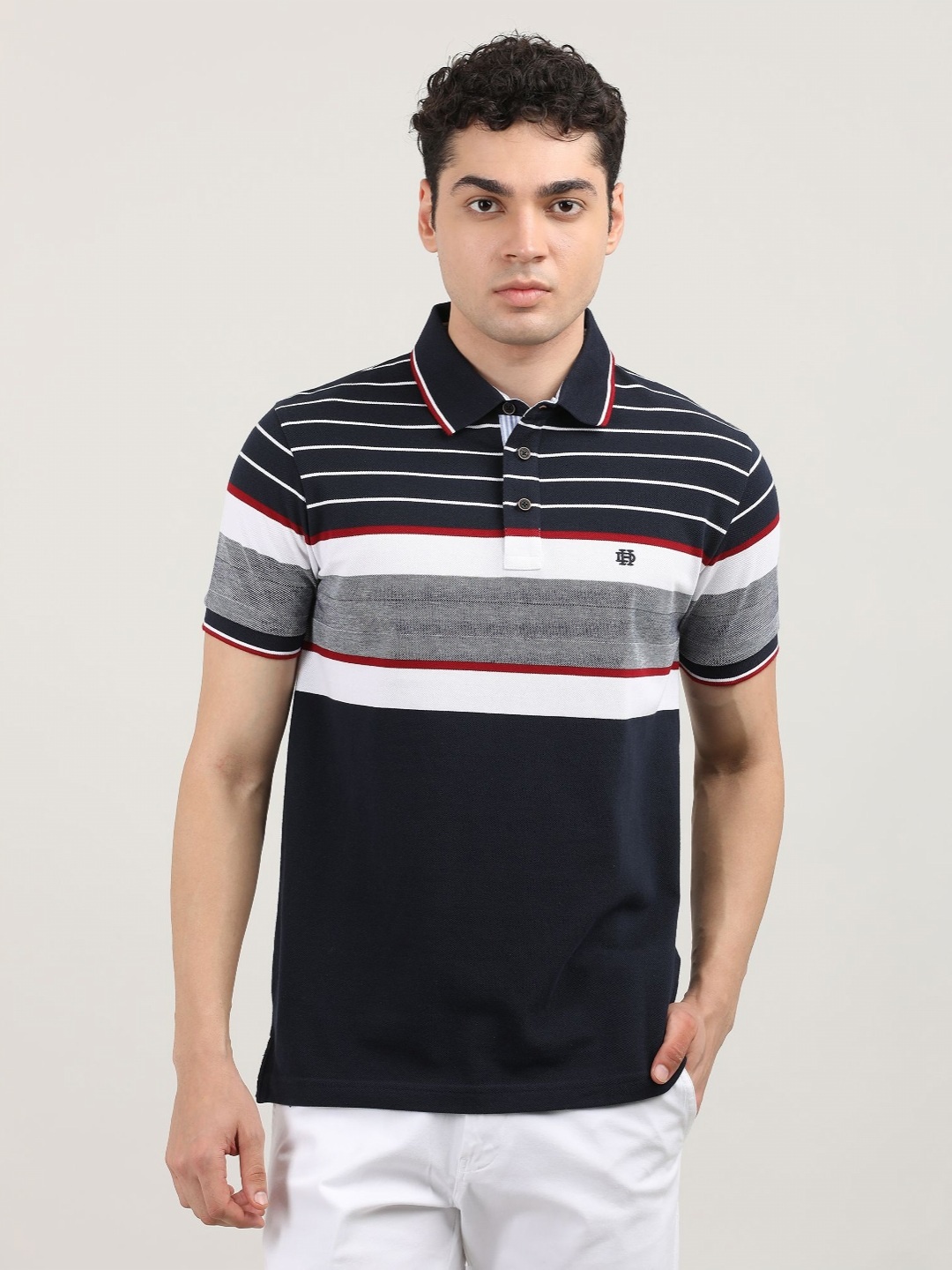 

DRAGON HILL Men Striped Polo Collar Applique Slim Fit T-shirt, Navy blue