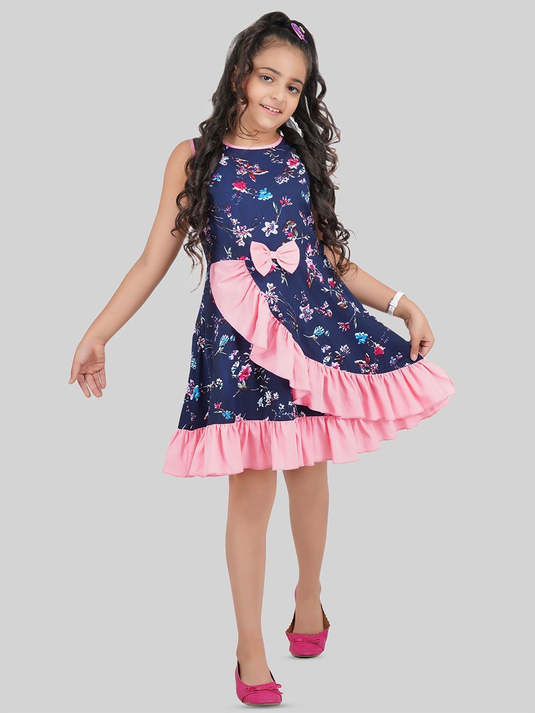 

BEING NAUGHTY Girls Floral Printed Bow Detail Fit & Flare Dress, Navy blue