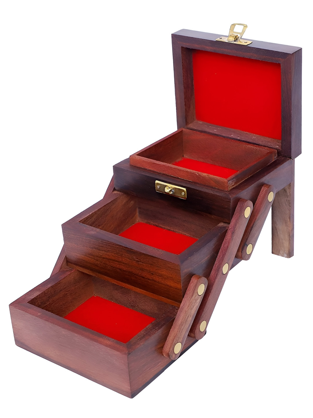 

NAYRA HANDICRAFTS Flower Carved Design Flip Flap Open Wooden Jewellery Organizer, Brown