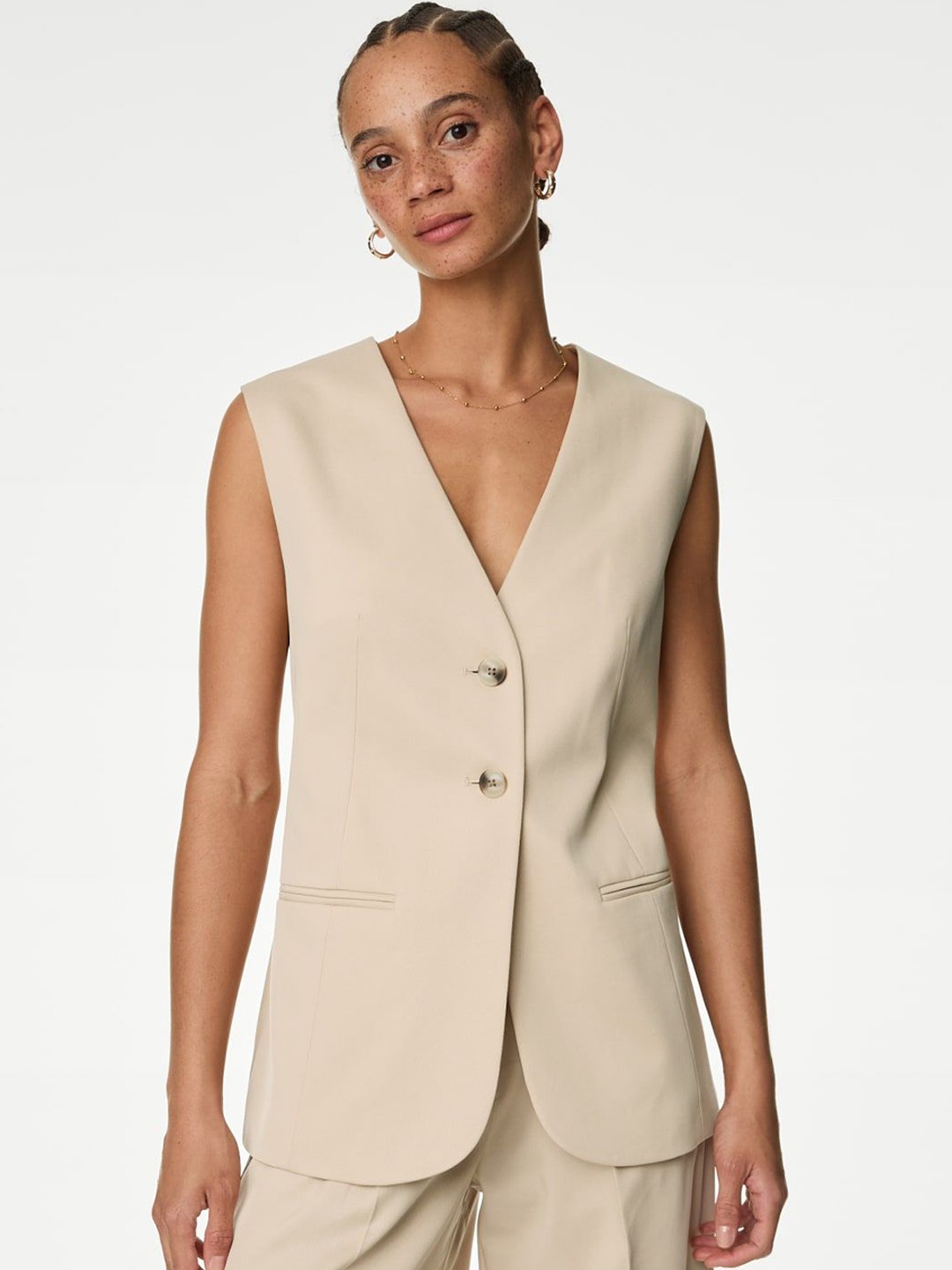 

Marks & Spencer V Neck Slim-Fit Waistcoat, Beige