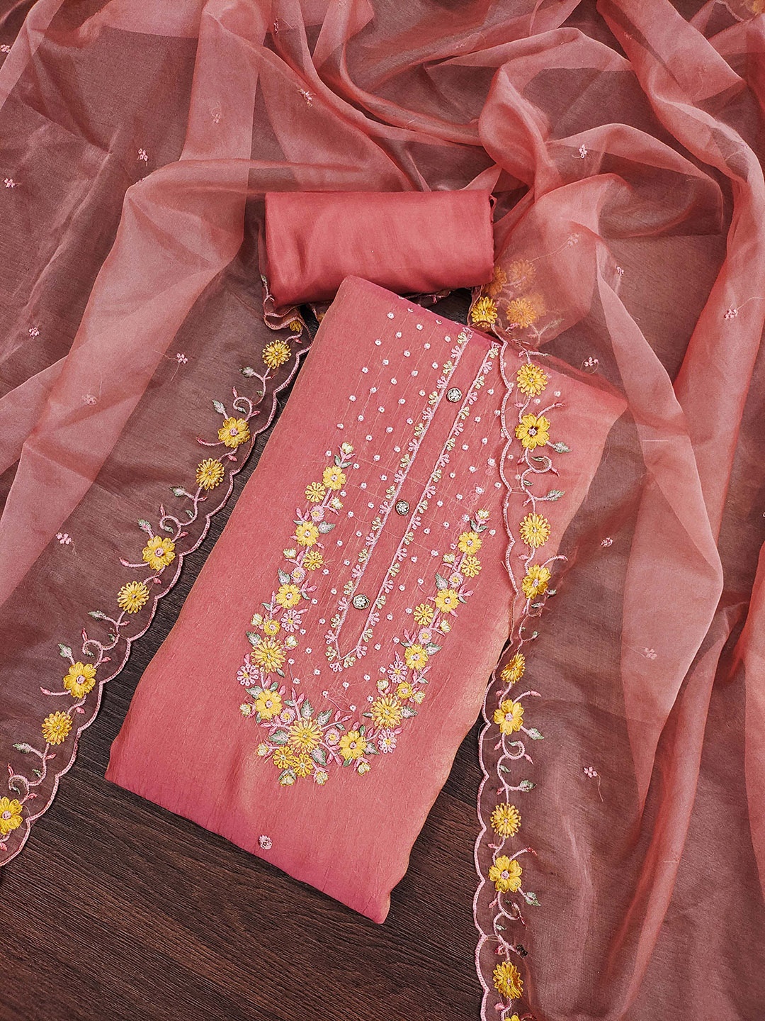 

KALINI Embroidered Viscose Rayon Unstitched Dress Material, Peach