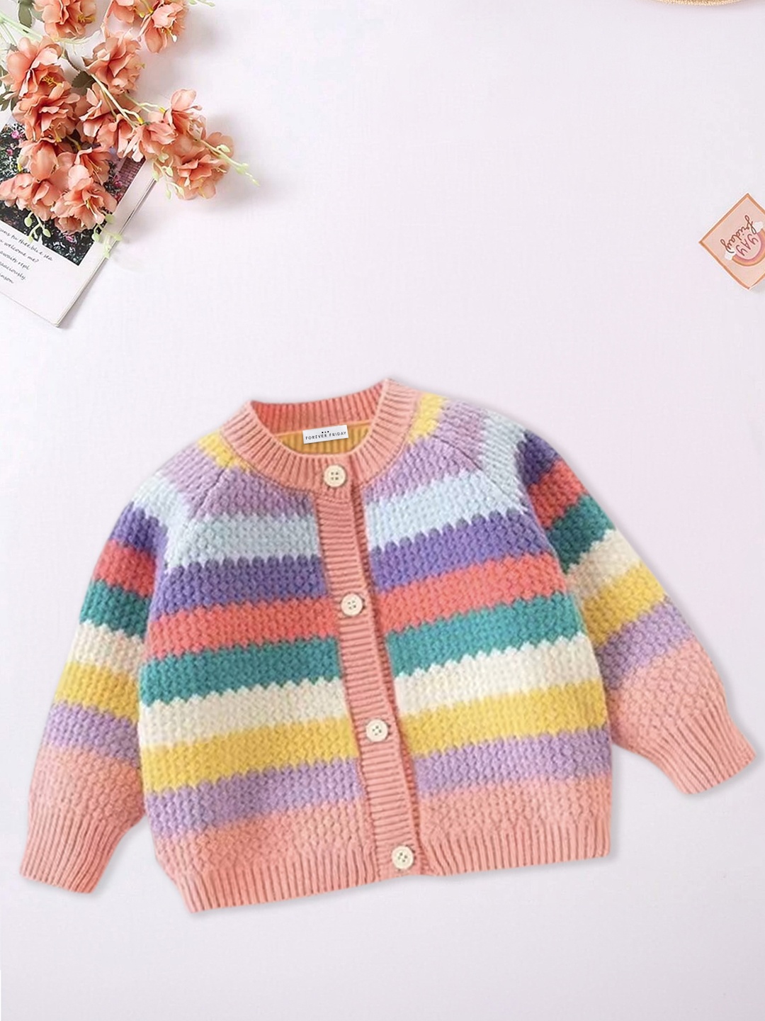 

FOREVER FRIDAY Girls Printed Colourblocked Cardigan Sweaters, Pink
