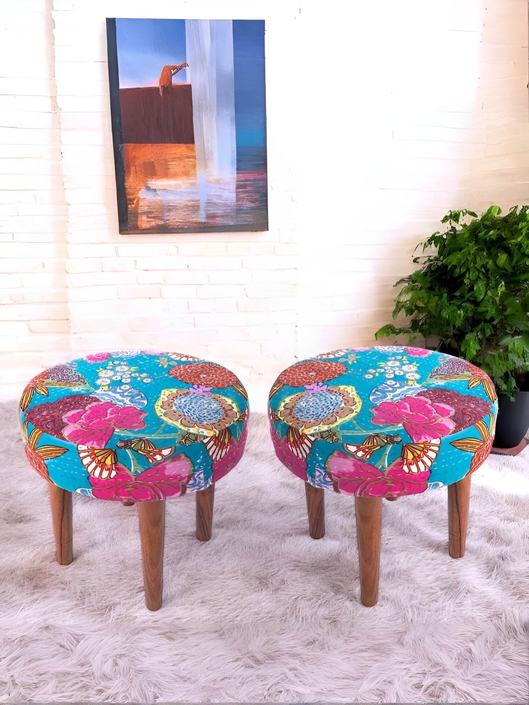 

Ikiriya 2 Pcs Blue Fruit Print Kantha Sheesham Wood Round Ottoman Stools