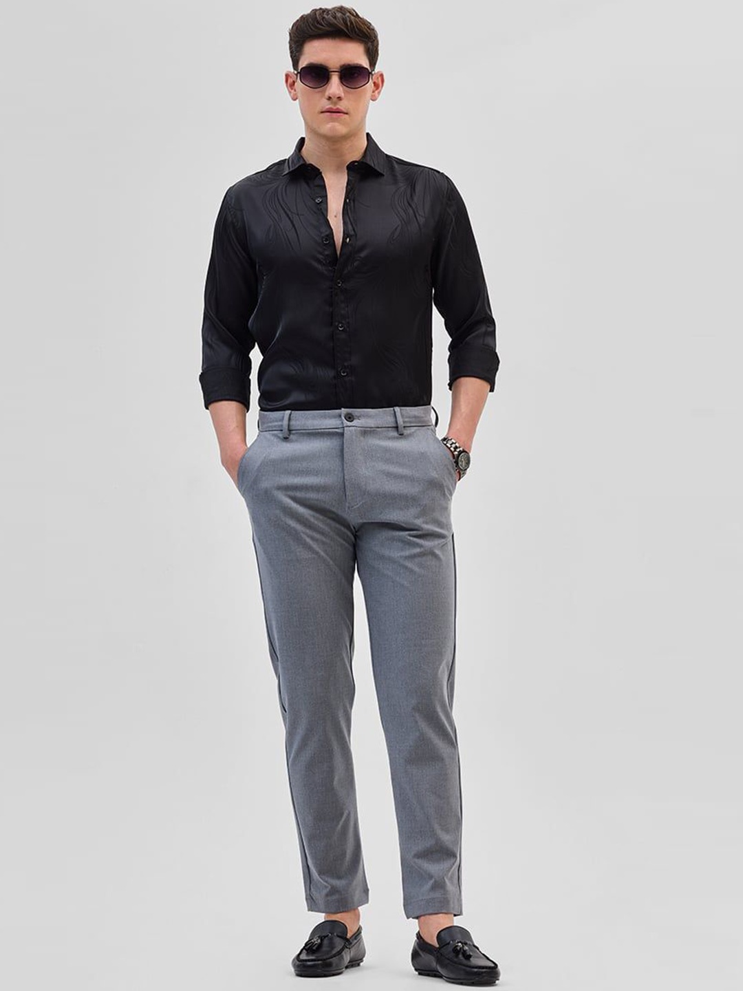 

Snitch Men Smart Slim Fit Formal Trousers, Grey