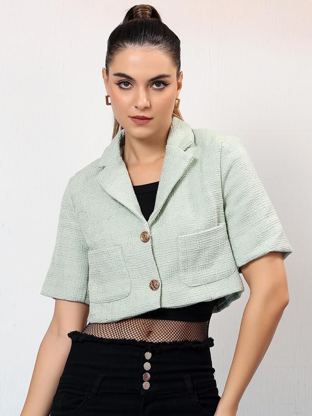 

Kotty Notched Lapel Single Breasted Crop Blazer, Green