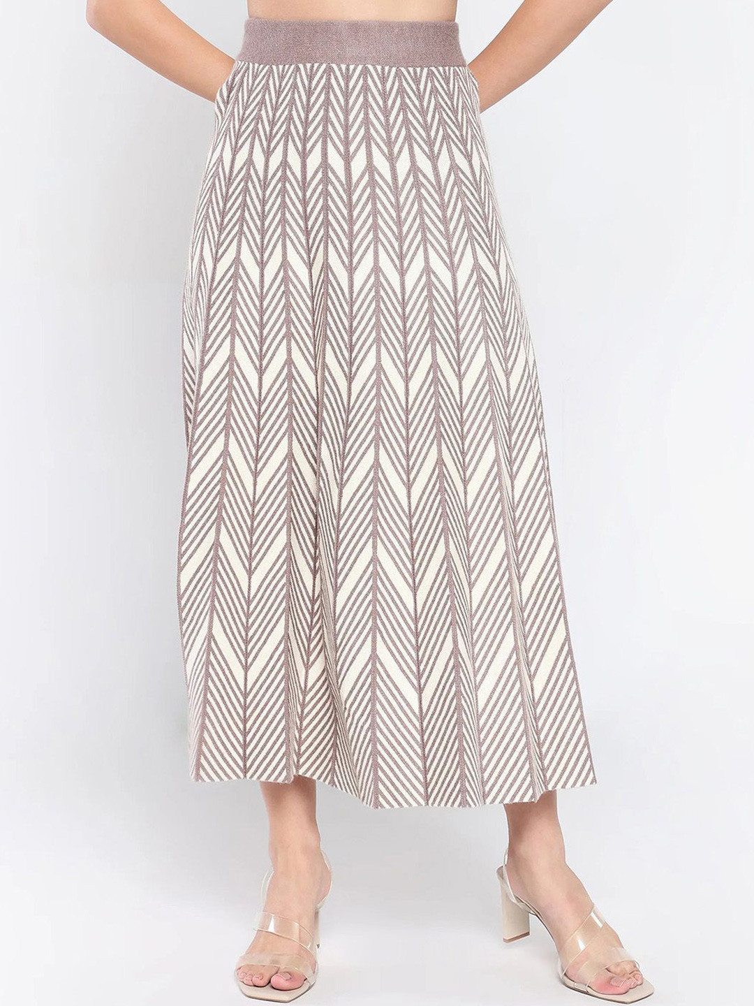 

RAREISM Women Striped Aline Midi Skirt, Beige