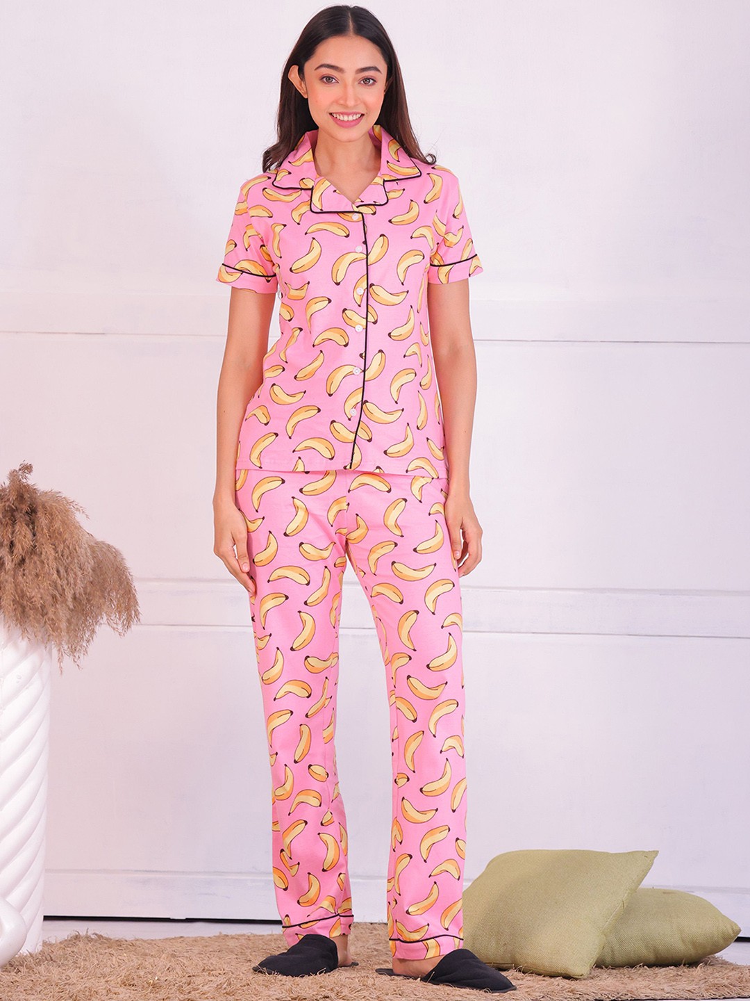 

NAP STORY Banana Printed Shirt & Pyjama Nightsuit, Pink