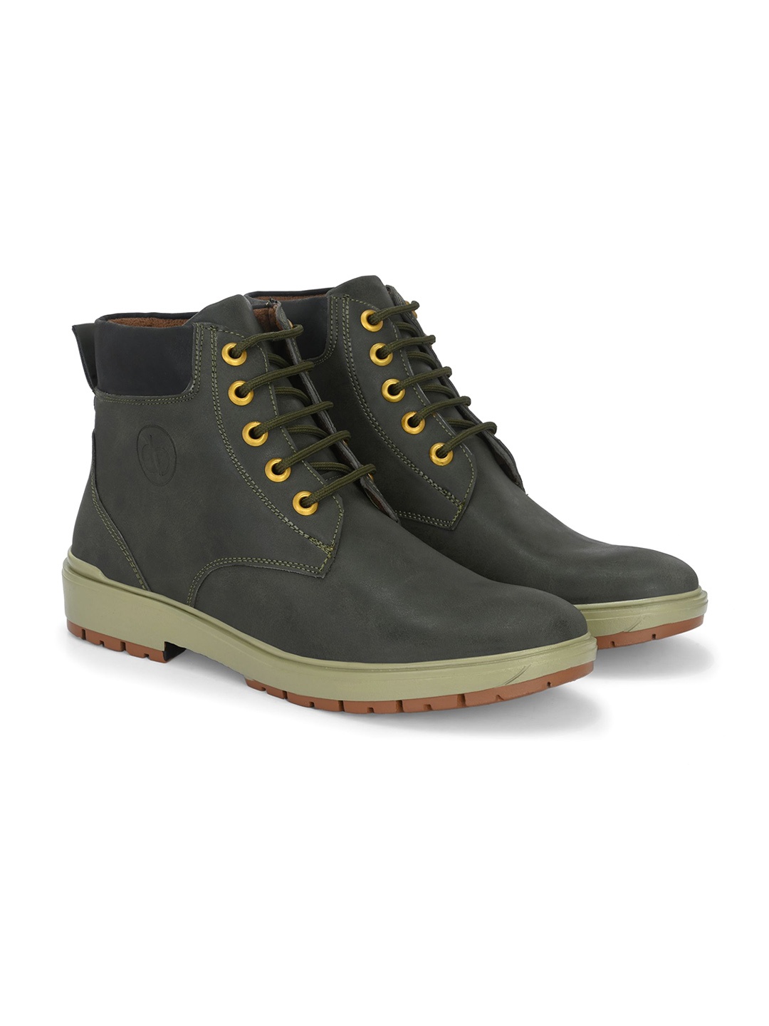 

Azzaro Black Men Round Toe Lace-Up Mid-Top Regular Boots, Olive