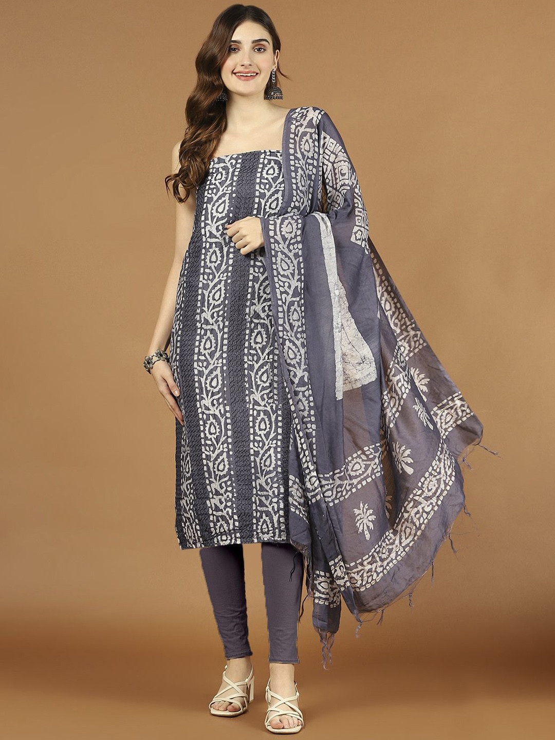 

Meena Bazaar Batik Printed Cotton Unstitched Dress Material, Navy blue