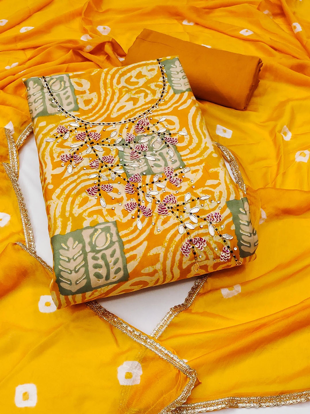 

KALINI Printed Pure Silk Unstitched Dress Material, Yellow