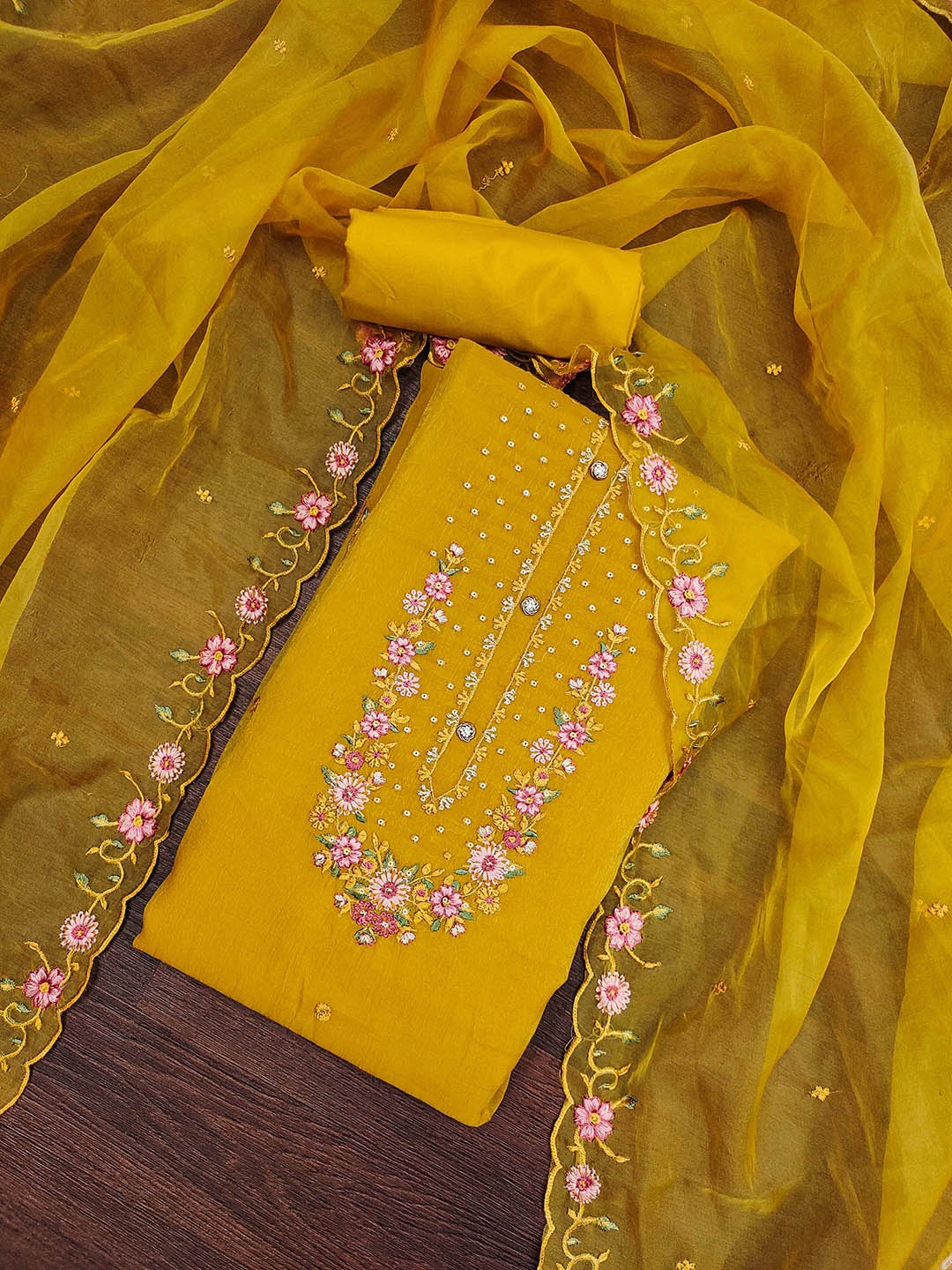 

KALINI Embroidered Viscose Rayon Unstitched Dress Material, Yellow