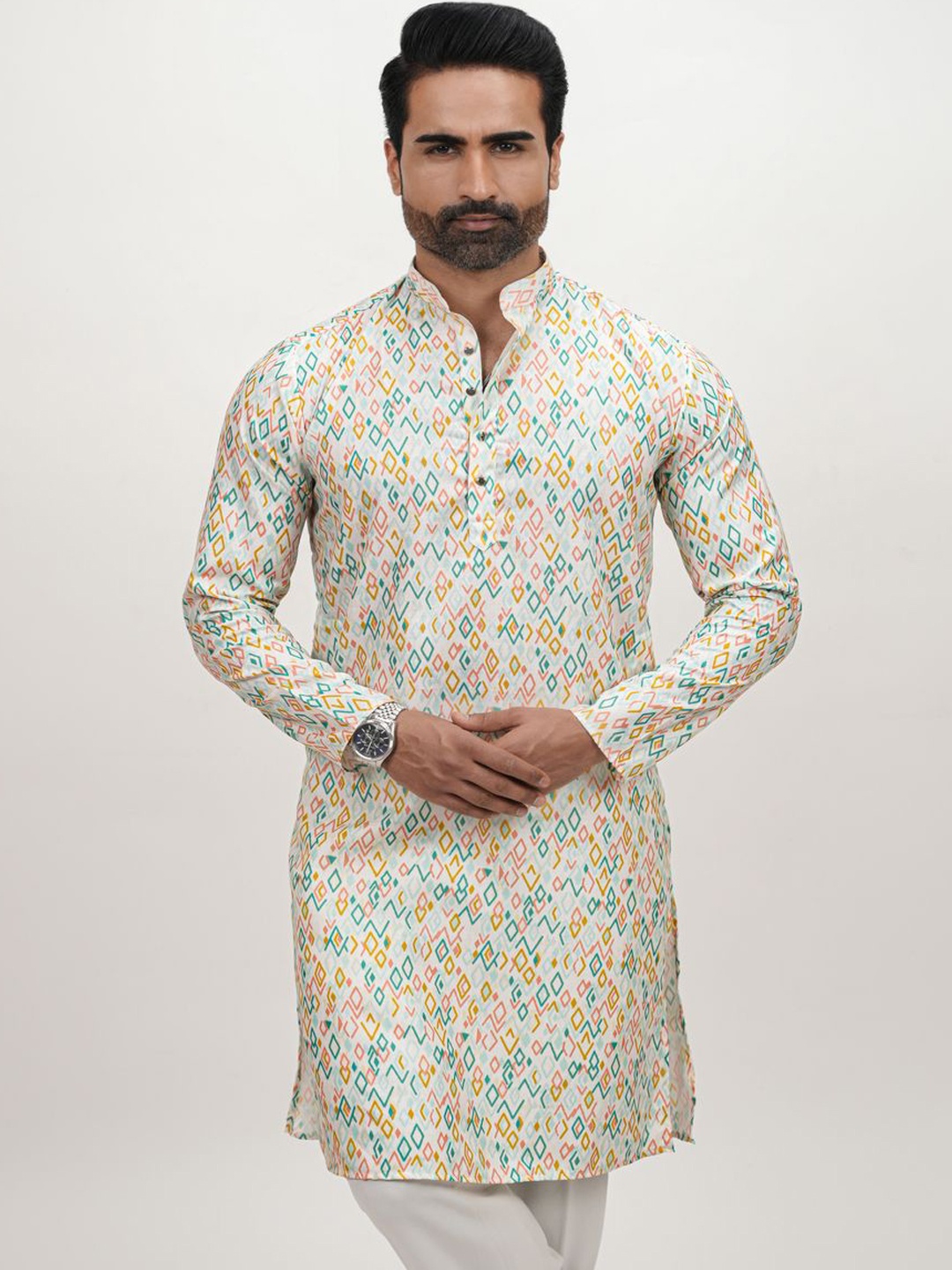 

DIOGO LOUIS Multicolor Cotton Linen Floral Printed Men's Long Kurta, Multi