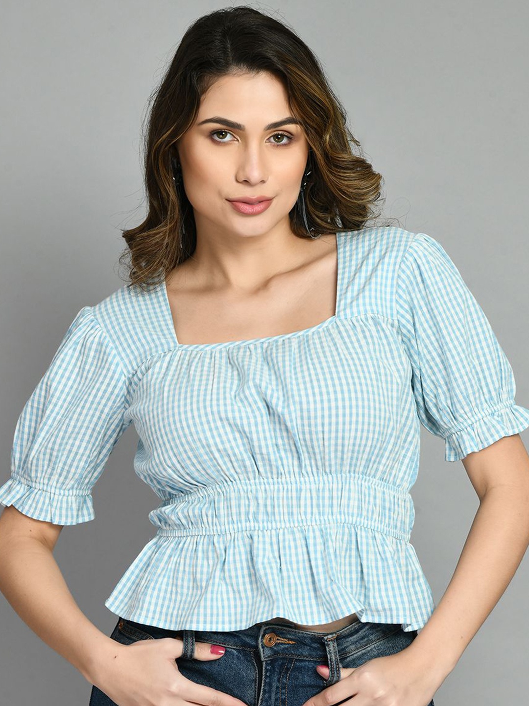 

all about you Checked Puff Sleeve Cotton Cinched Waist Crop Top, Blue