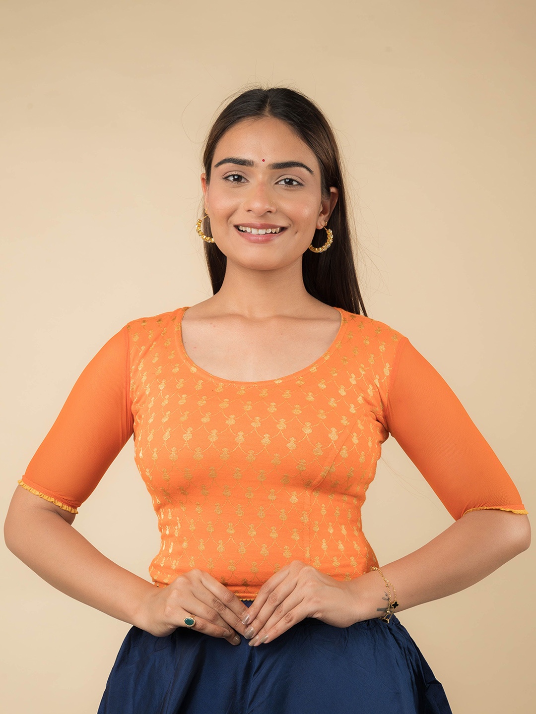 

Bindigasm's Advi Patterned Stretchable Saree Blouse, Orange