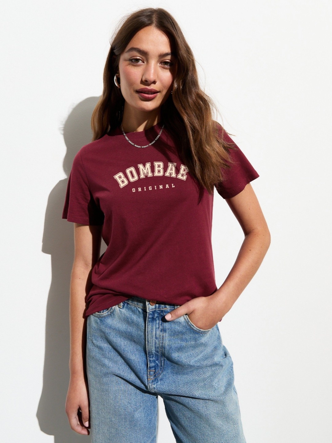 

BOMBAE TEES Women Typography Polo Collar Bio Finish T-shirt, Maroon