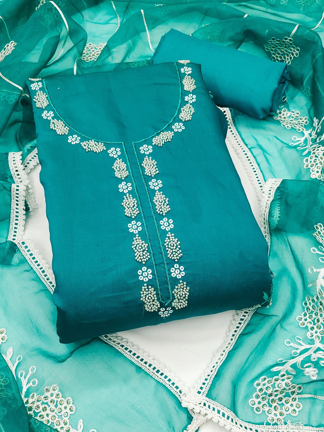 

KALINI Embroidered Pure Silk Unstitched Dress Material, Blue