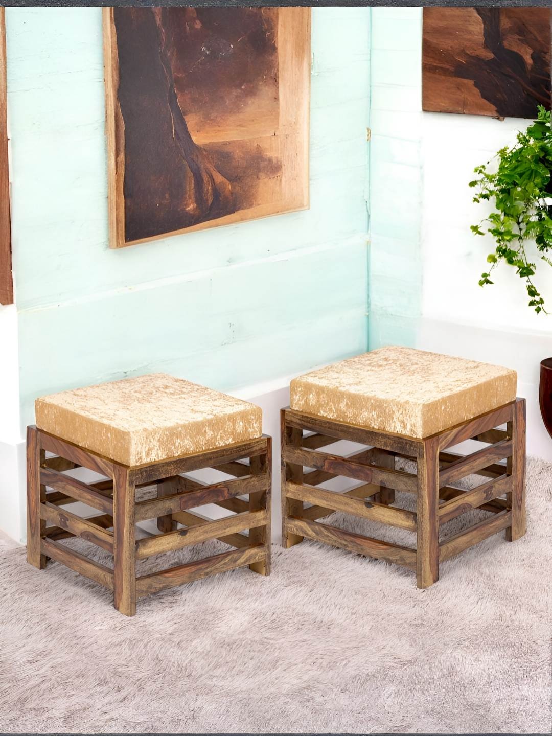 

Ikiriya Set of 2 Sheesham Wood Mid Century Round Stools with Beige Sparkle Velvet Cushion