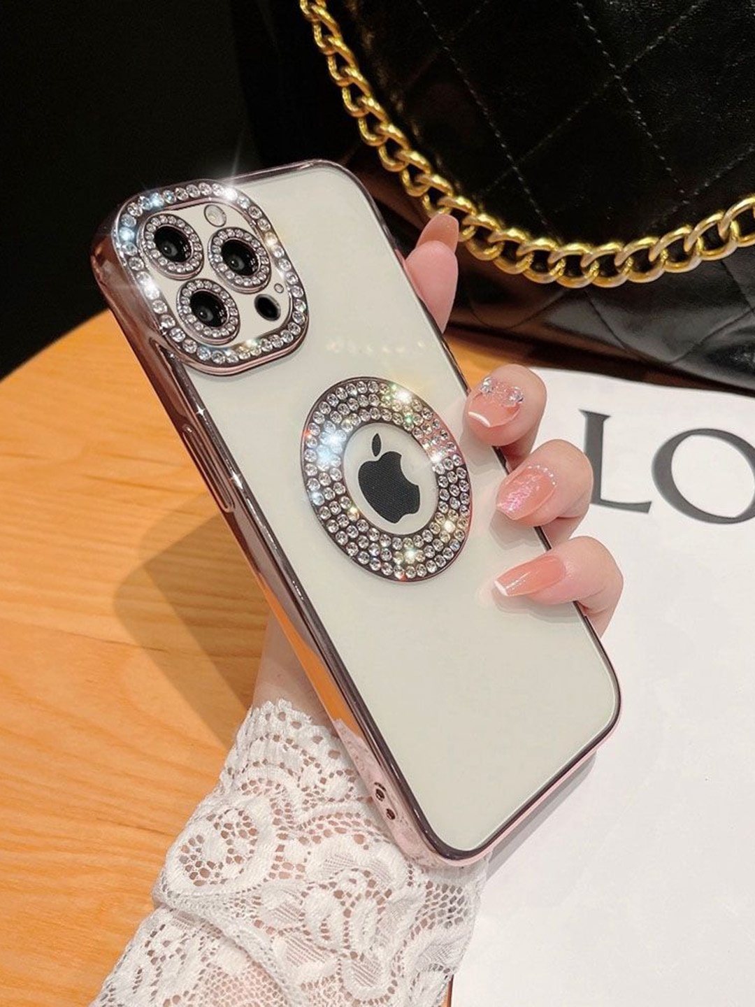 

LuxuryKase Rose Gold Embellished LK030 iPhone 15 Pro Max Logo Hole Phone Case