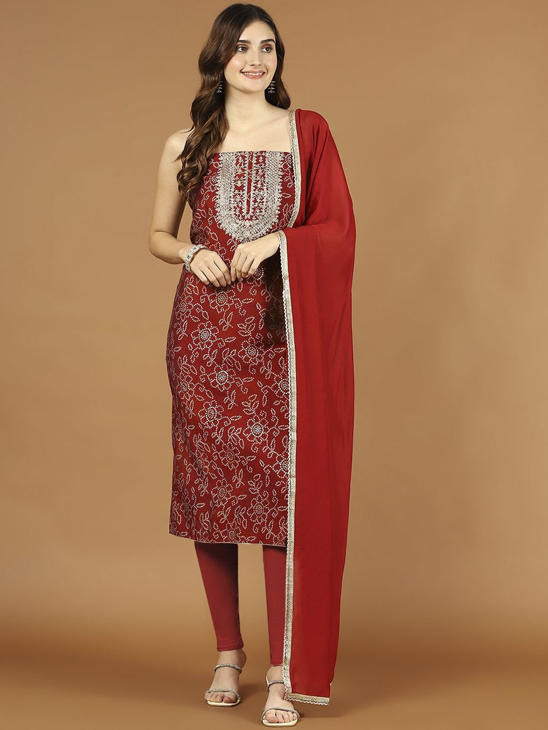 

Meena Bazaar Printed Unstitched Dress Material, Maroon