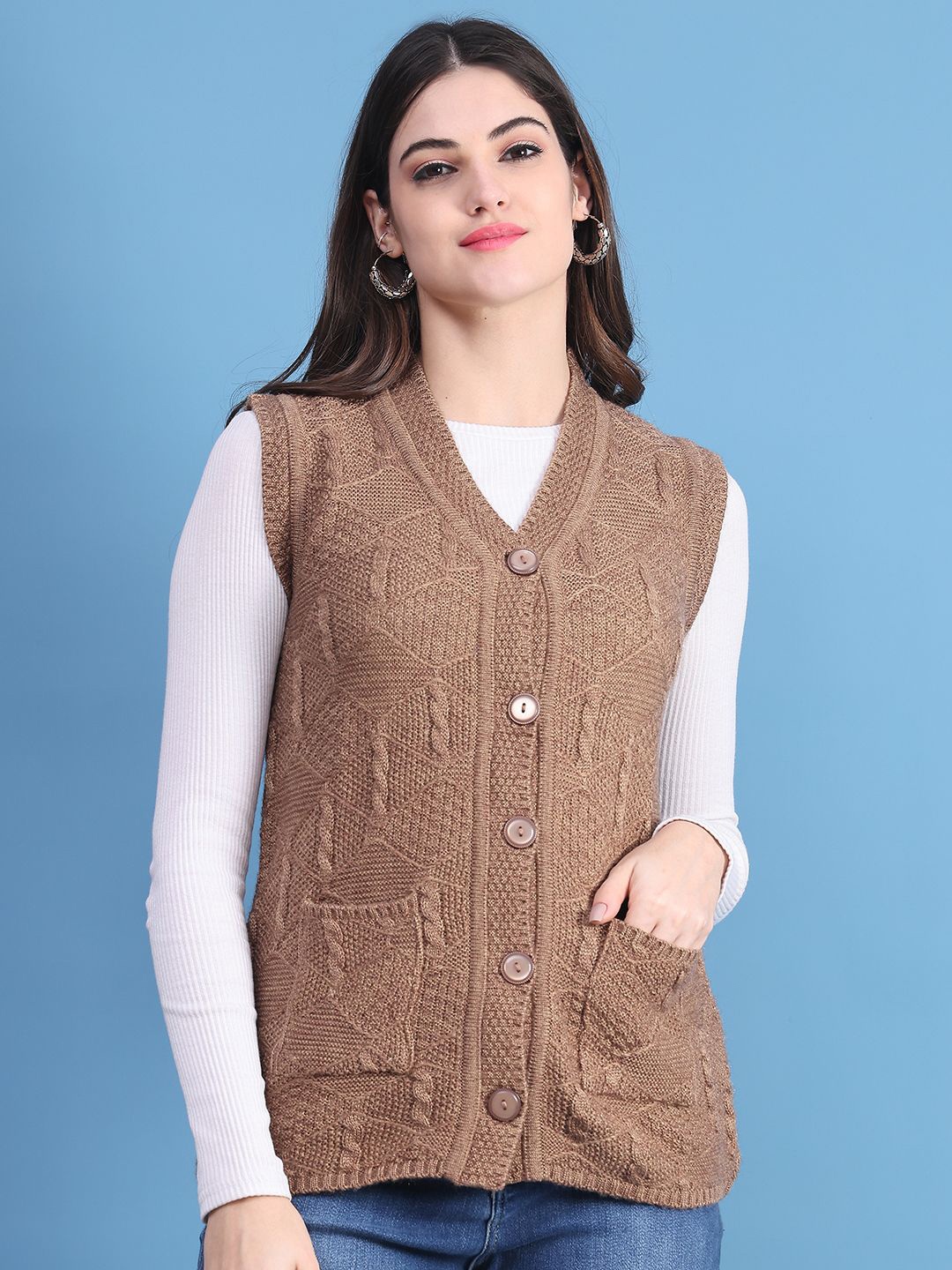 

PERFECT LINE Women Front-Open Cable Knit sweater, Brown