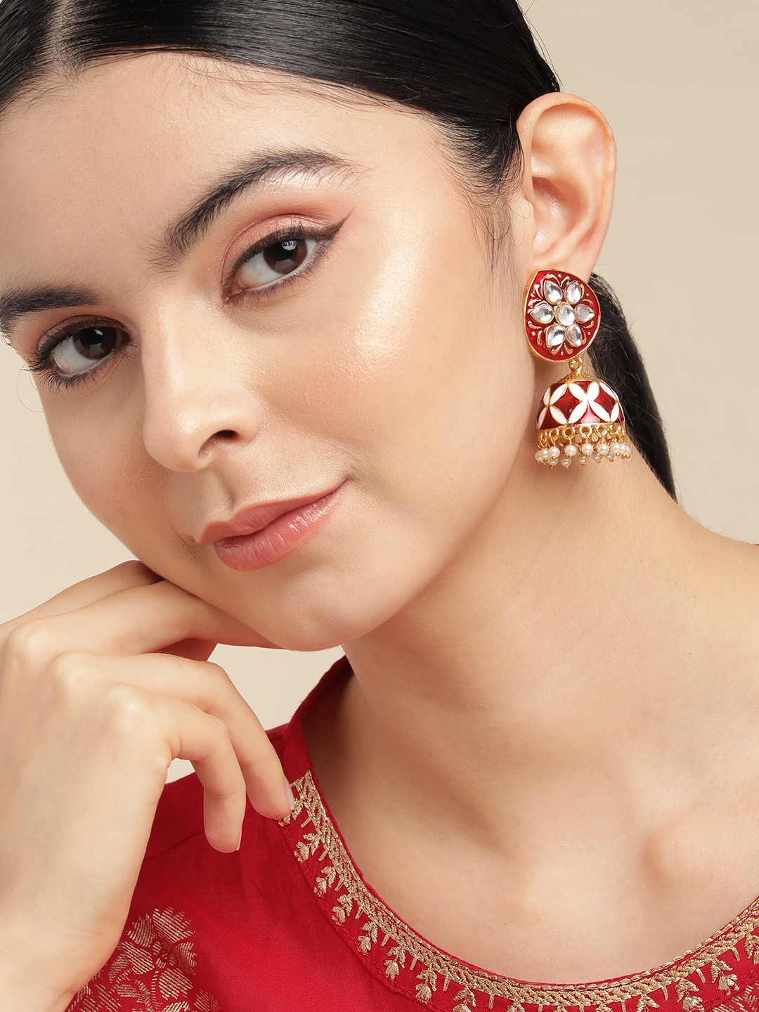 

Anouk Gold-Plated Beaded Dome Shaped Jhumkas, Maroon