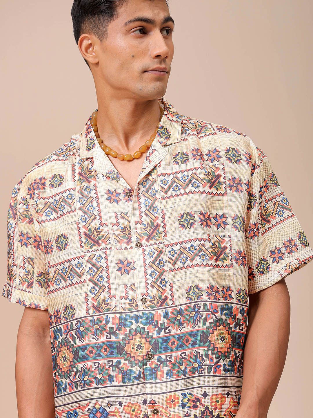 

The Indian Garage Co Men Relaxed Fit Indie Printed Resortwear Shirt, Beige
