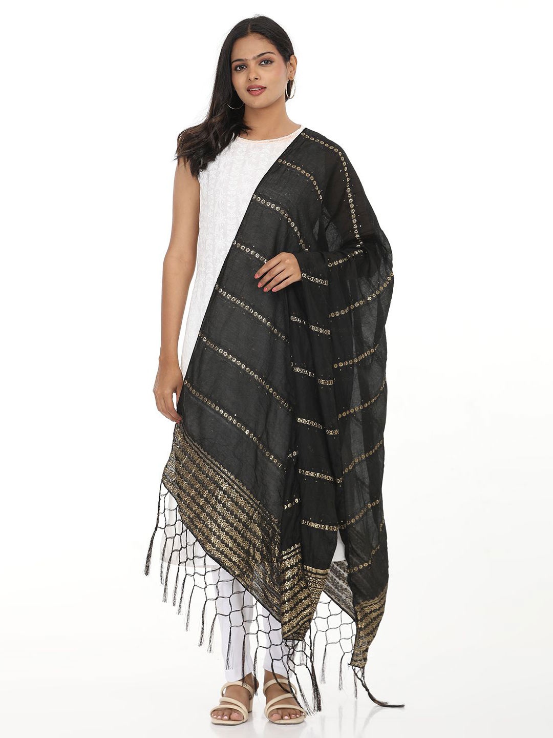 

HELLA FASHIONS Striped Viscose Rayon Dupatta, Black