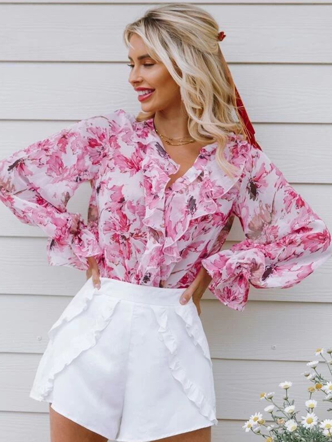 

Stylecast X Slyck Floral Printed Mandarin Collar Ruffles Top, Pink