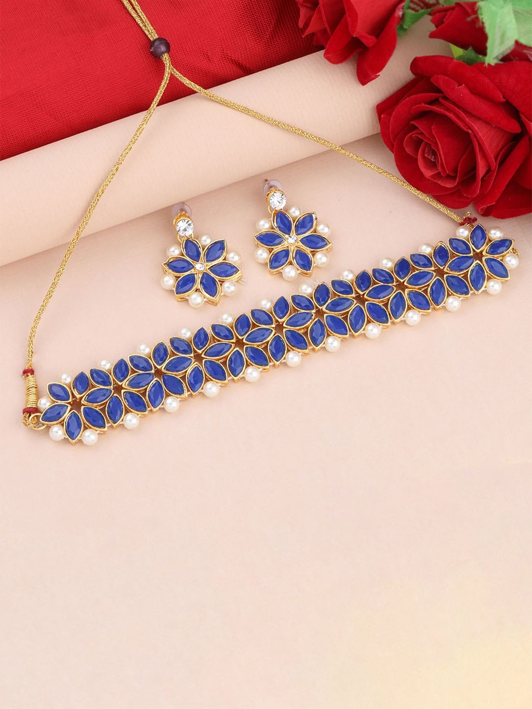 

Silver Shine Gold-Plated Stone-Studded & Pearl Beaded Jewellery Set, Blue
