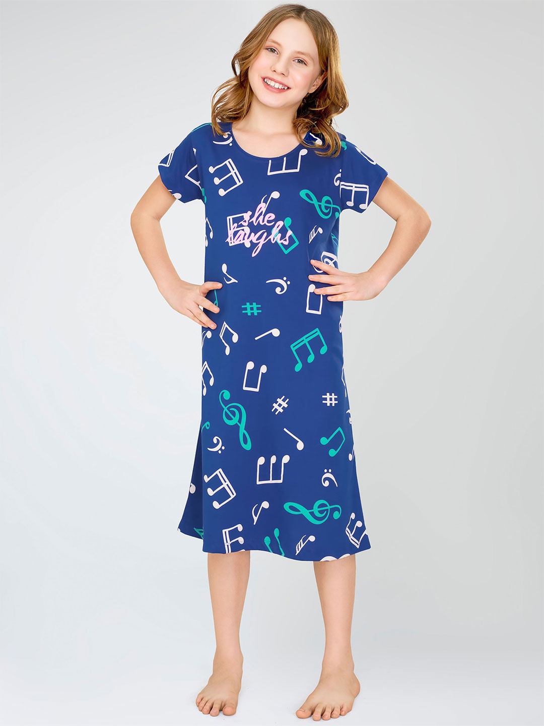 

Zeyo Girls Pure Cotton Graphic Printed Round Neck Nightdress, Blue