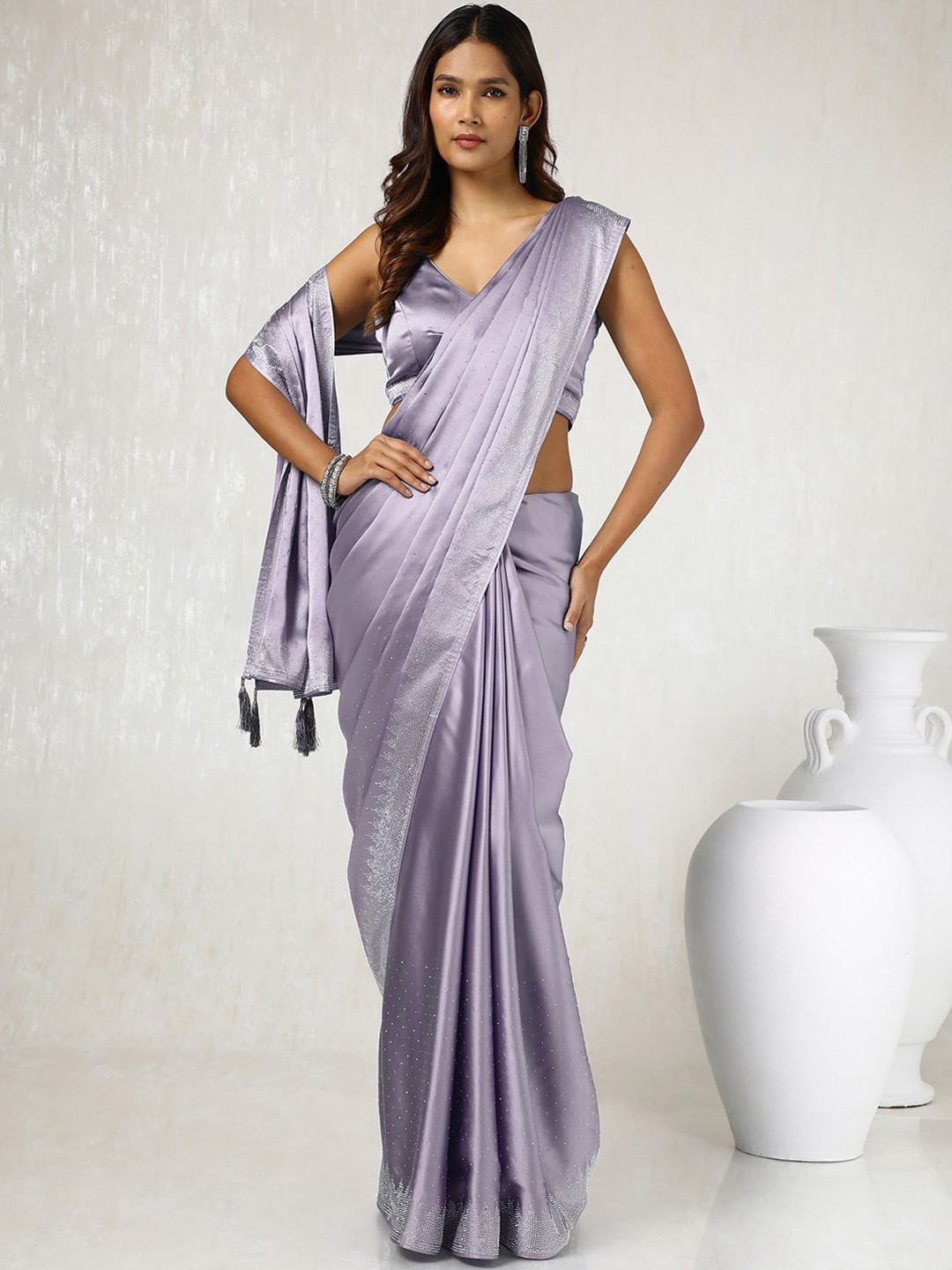 

Soch Embellished Beads and Stones Satin Saree, Purple