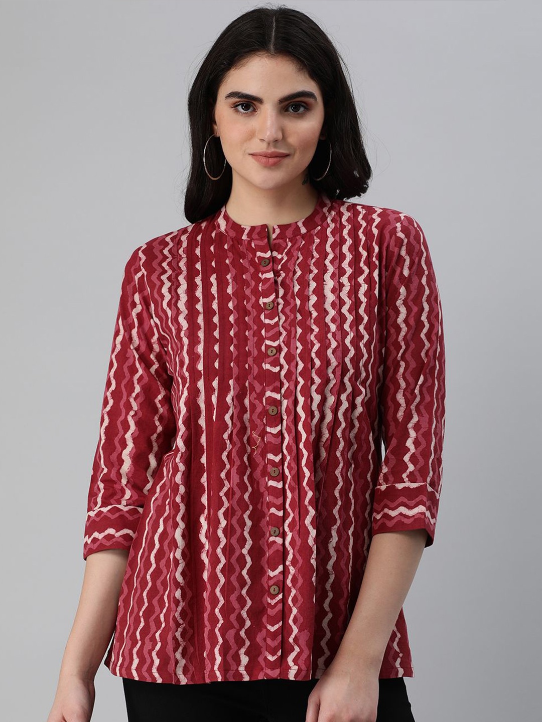 

KAMI KUBI Printed Mandarin Collar Cotton Top, Red