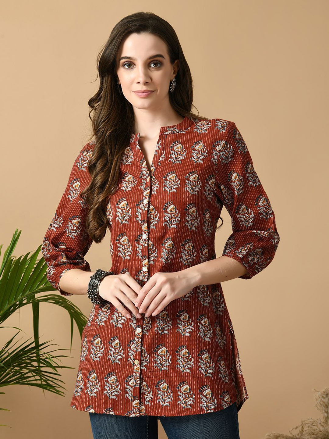 

MEESAN Mandarin Collar Printed Ethnic Tunic, Rust