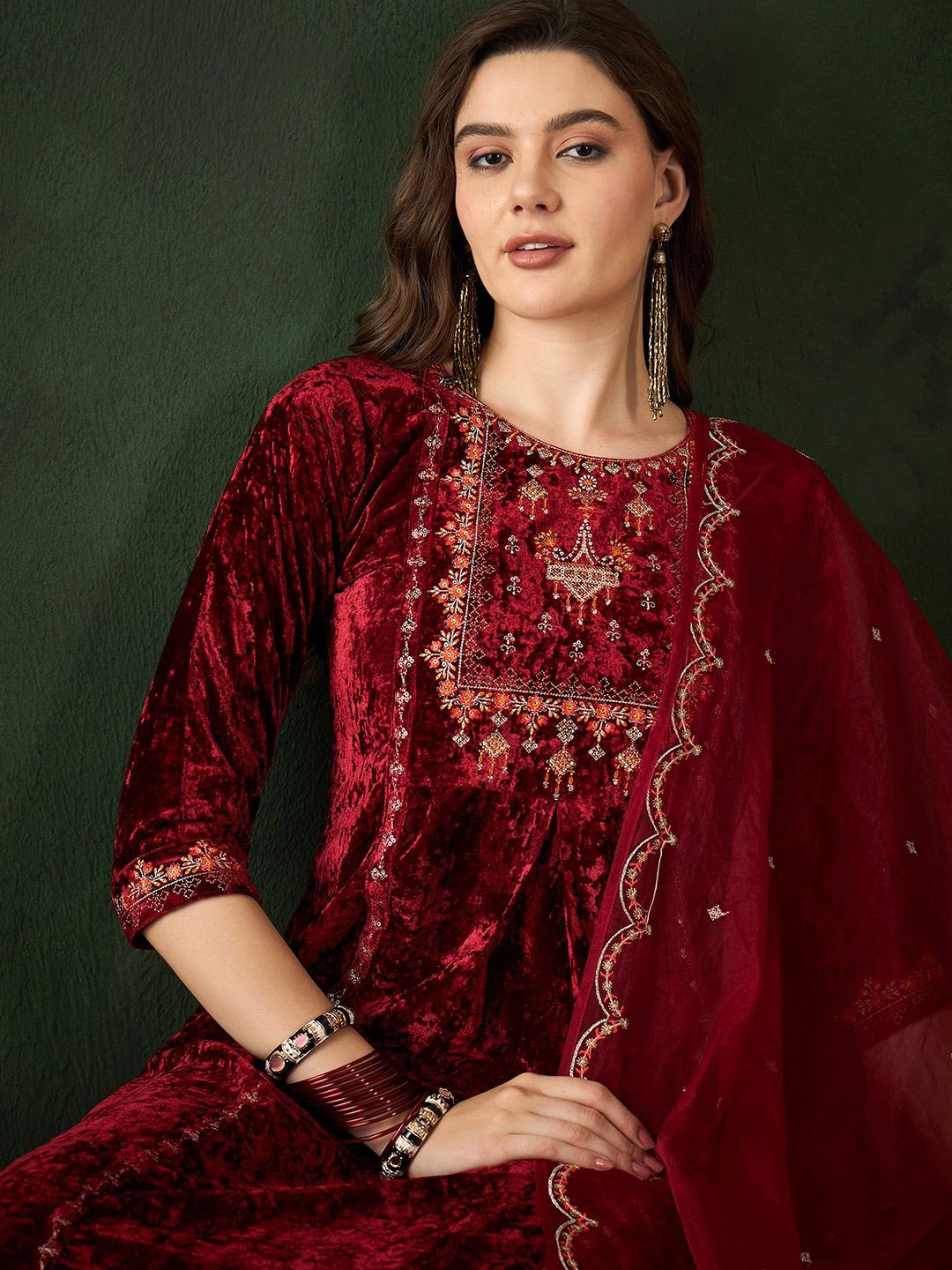 

Sangria Embroidered A-Line Kurta & Trousers With Dupatta, Maroon