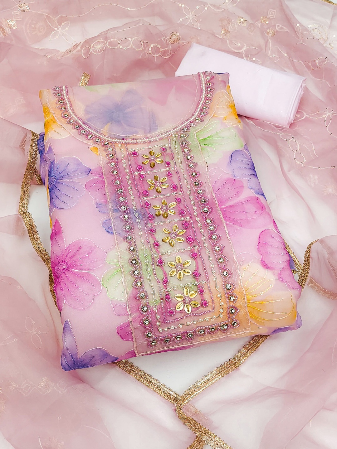

KALINI Embellished Unstitched Dress Material, Pink