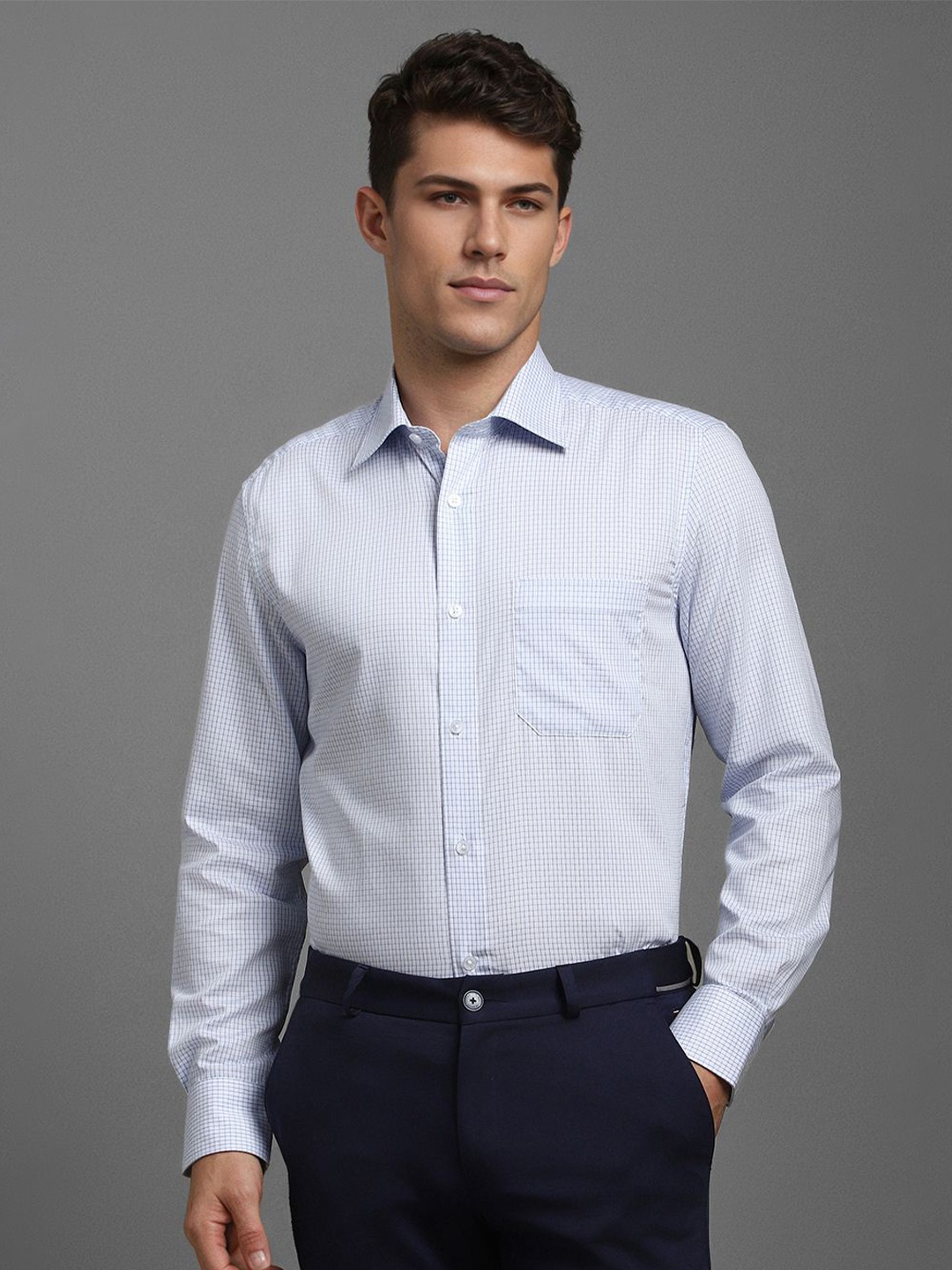 

Louis Philippe Men Classic Spread Collar Micro Checked Cotton Formal Shirt, Blue