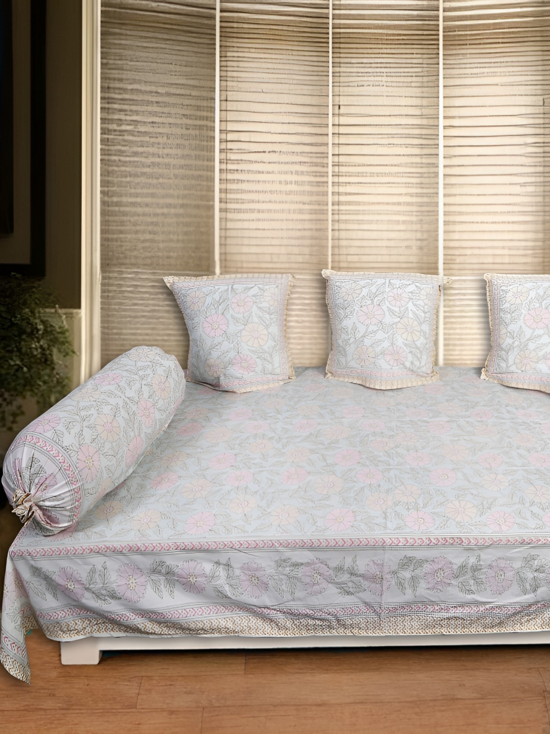 

INDHOME LIFE 6-Pcs White & Pink Printed Pure Cotton Diwan Set