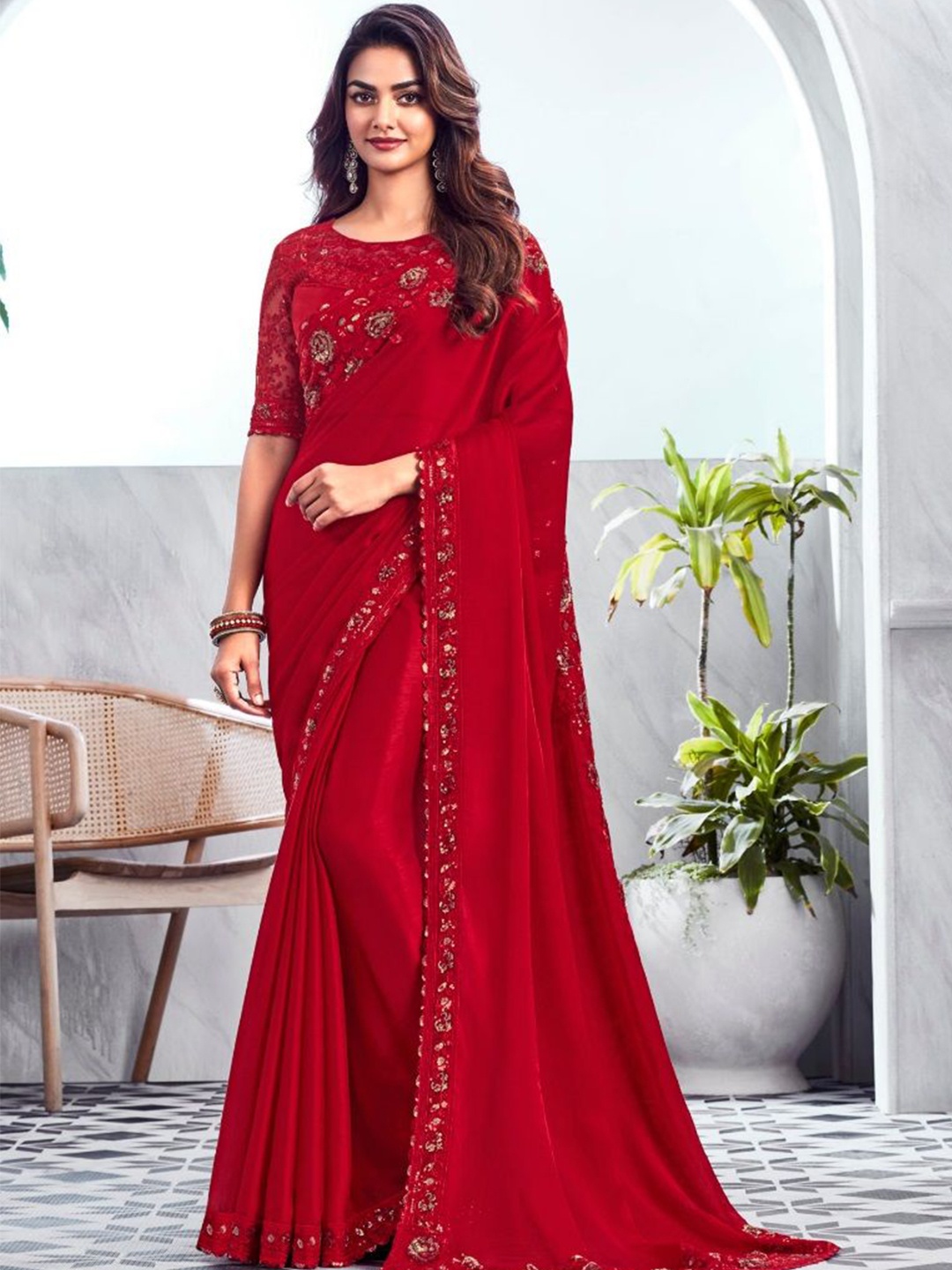 

Reboot Fashions Embellished Pure Chiffon Saree, Red