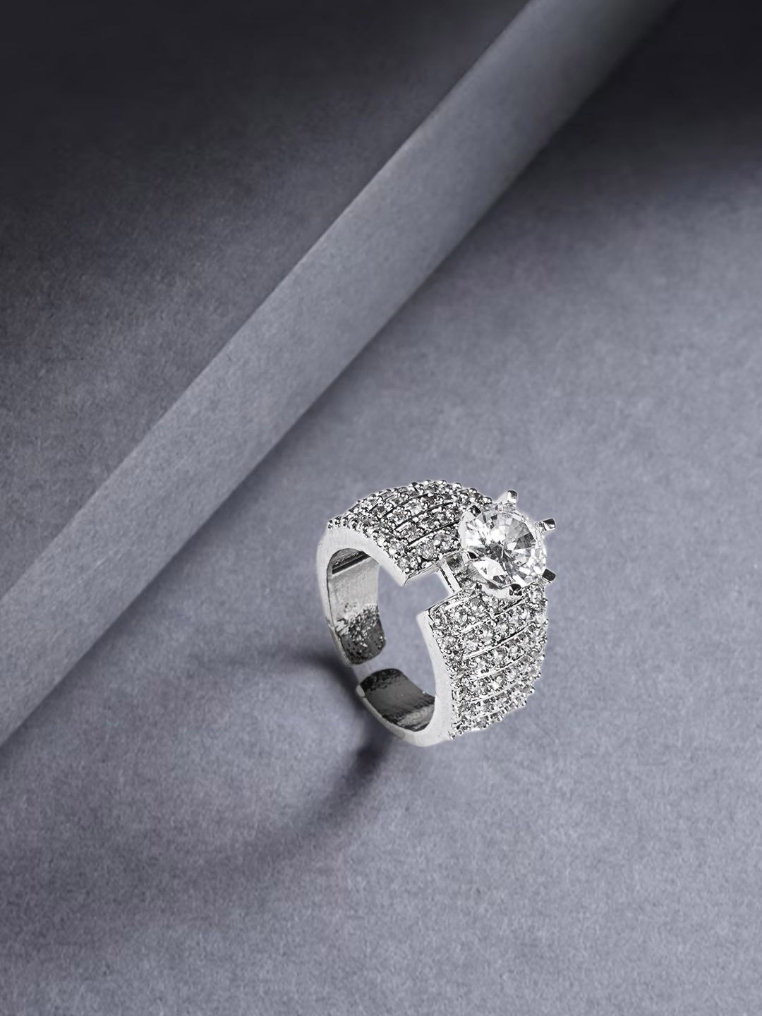 

Bamboo Tree Jewels Silver-Plated AD Stone-Studded Adjustable Finger Ring