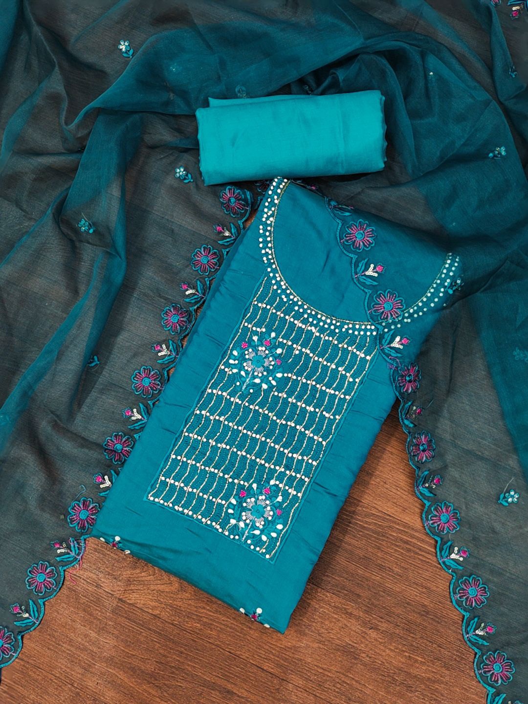 

KALINI Embroidered Pure Silk Unstitched Dress Material, Teal