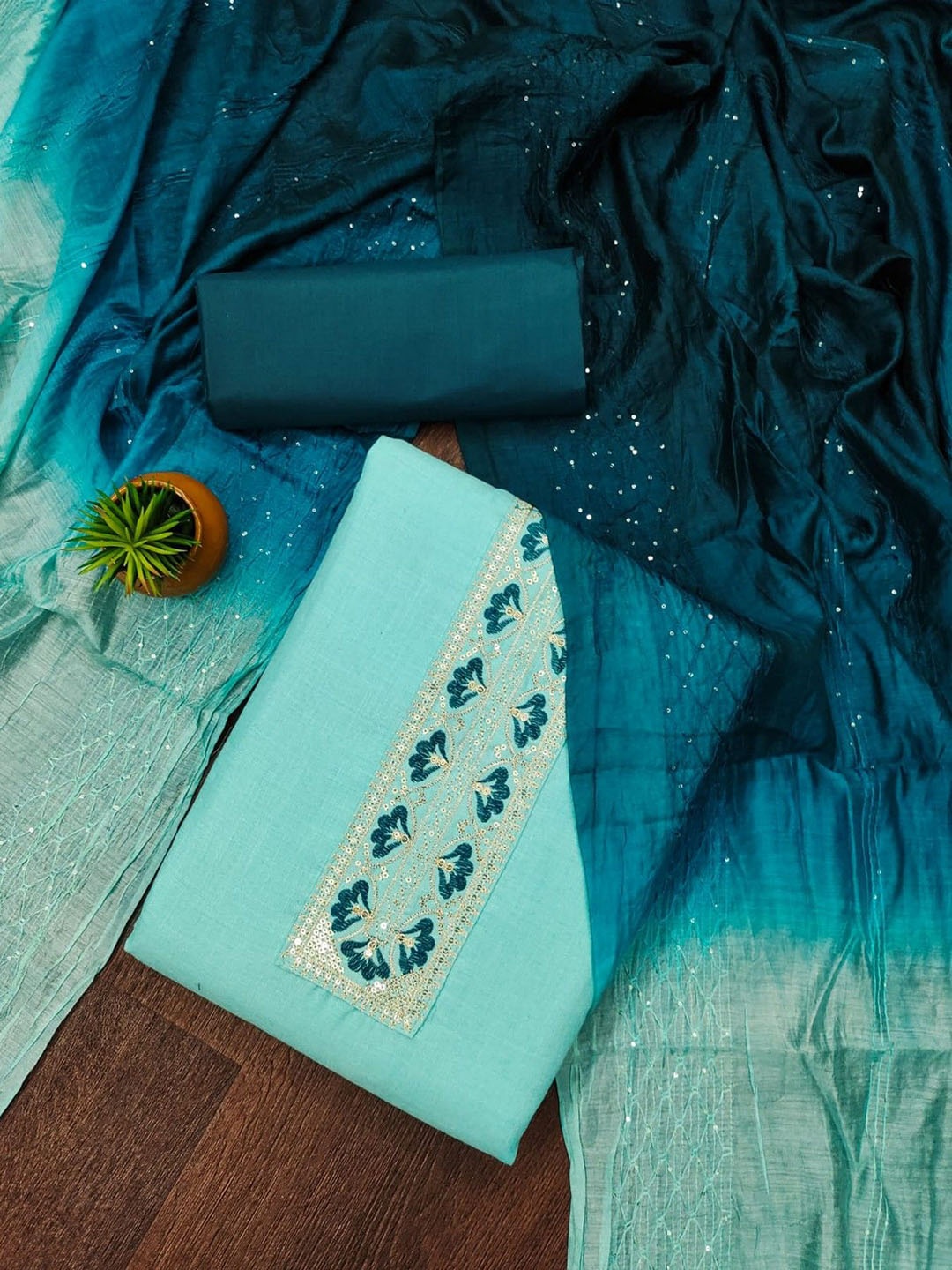 

mimi design Unstitched Dress Material, Teal