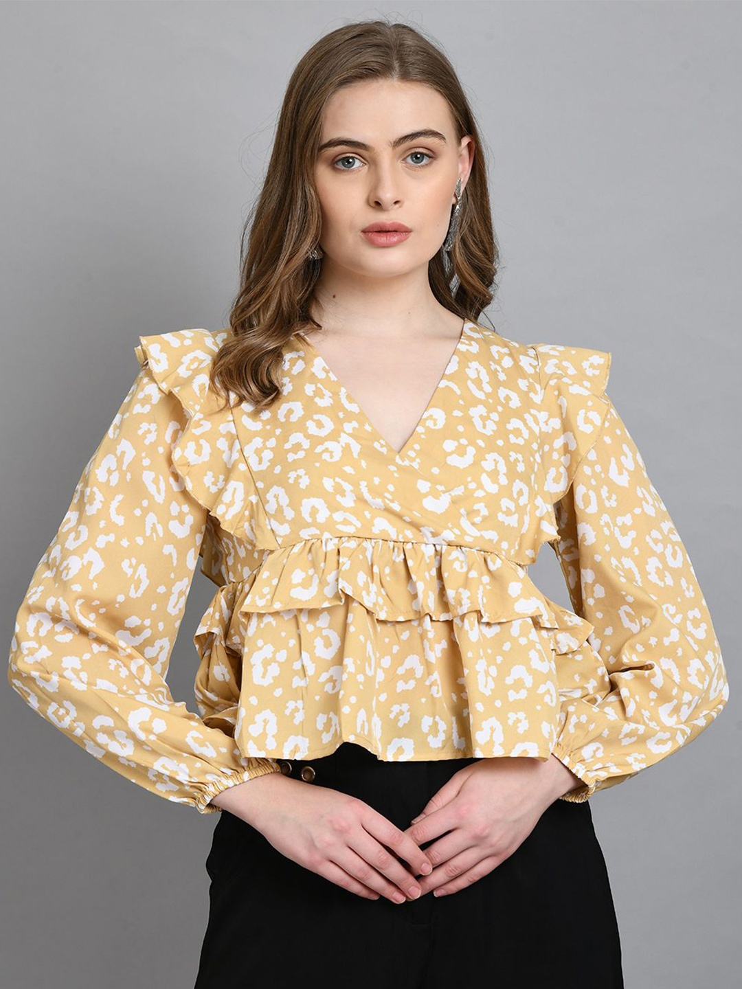 

all about you Women Floral Print Puff Sleeve Tiered Top, Yellow