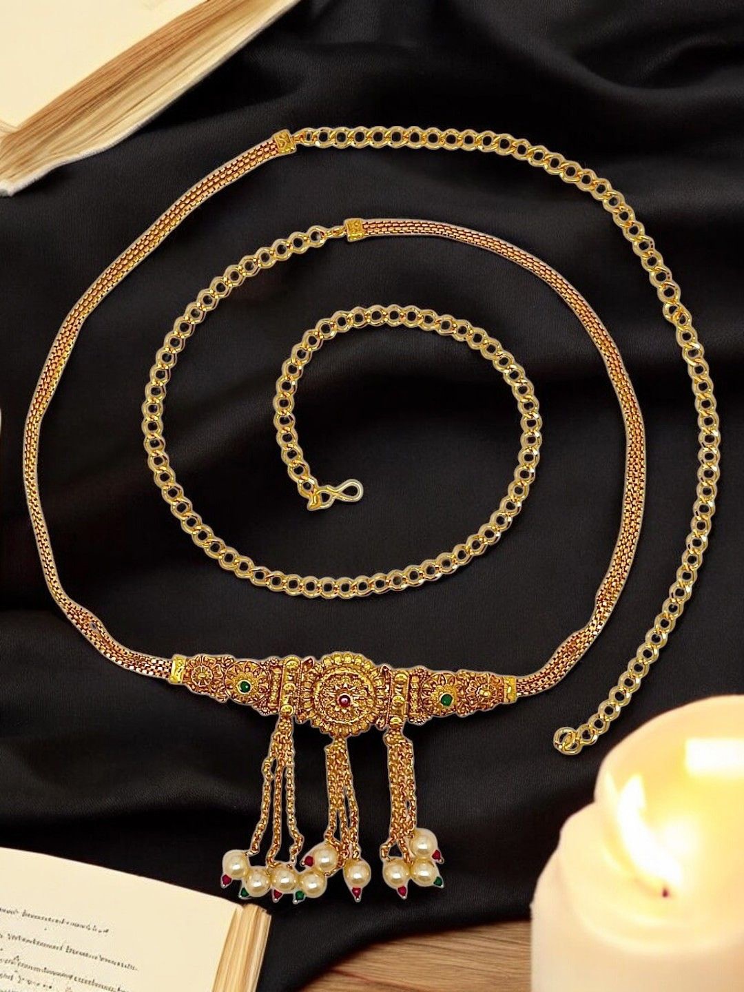 

FEMMIBELLA Artificial Stones Studded Waist Chain Saree Accessories, Gold