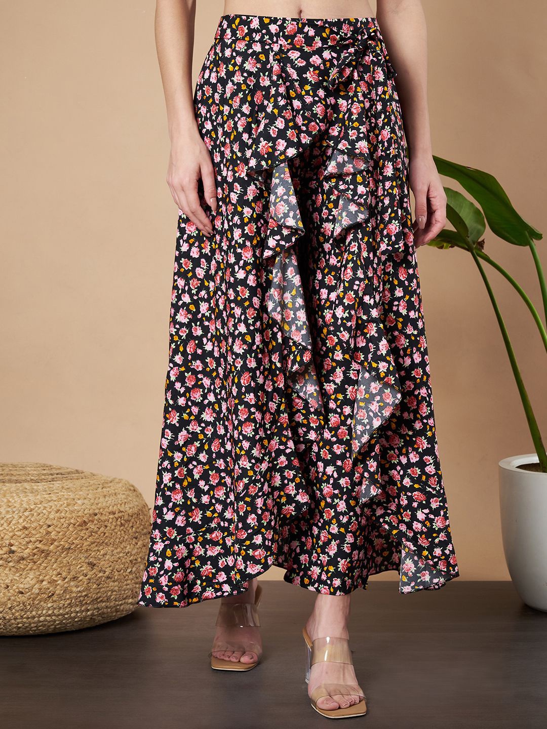 

ZWERLON Floral Printed A-Line Maxi Skirt, Black