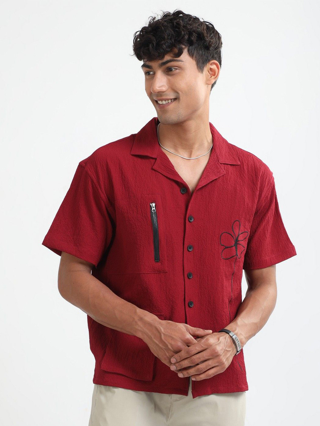 

NEVER NEUD Men Relaxed Bloom Popcorn Texture Oversized Casual Shirt, Red